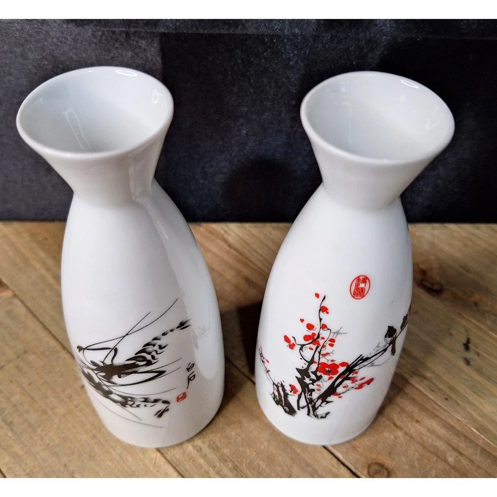 Vintage Chinese Porcelain Sake Bottles Pair Shrimp and Plum Blossom Calligraphy